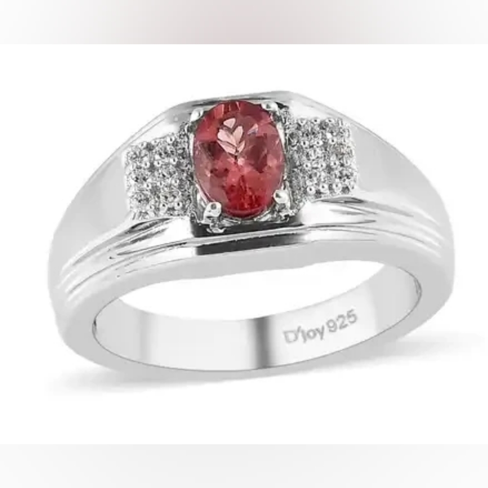 Men's Ring Red Rose Apatite and White Zircon in Platinum Over Sterling Silver